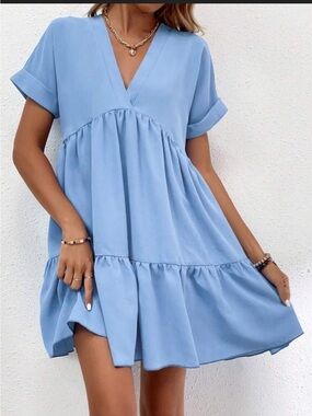 Blue V-Neck Tiered Casual Dress
